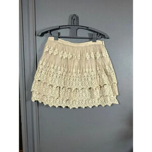 Garnet Hill 06 Skirt Beige‎ Tiered Tulle Lace Full Mini Elastic Waist Lined Lace